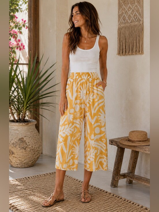 Christian Siriano Pants - Christian Siriano Yellow Floral Linen Blend Cropped Capri Pants Sz M 24 Inseam
